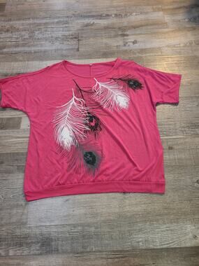 Unknown brand xxl women's cold shoulder feather print pink blouse